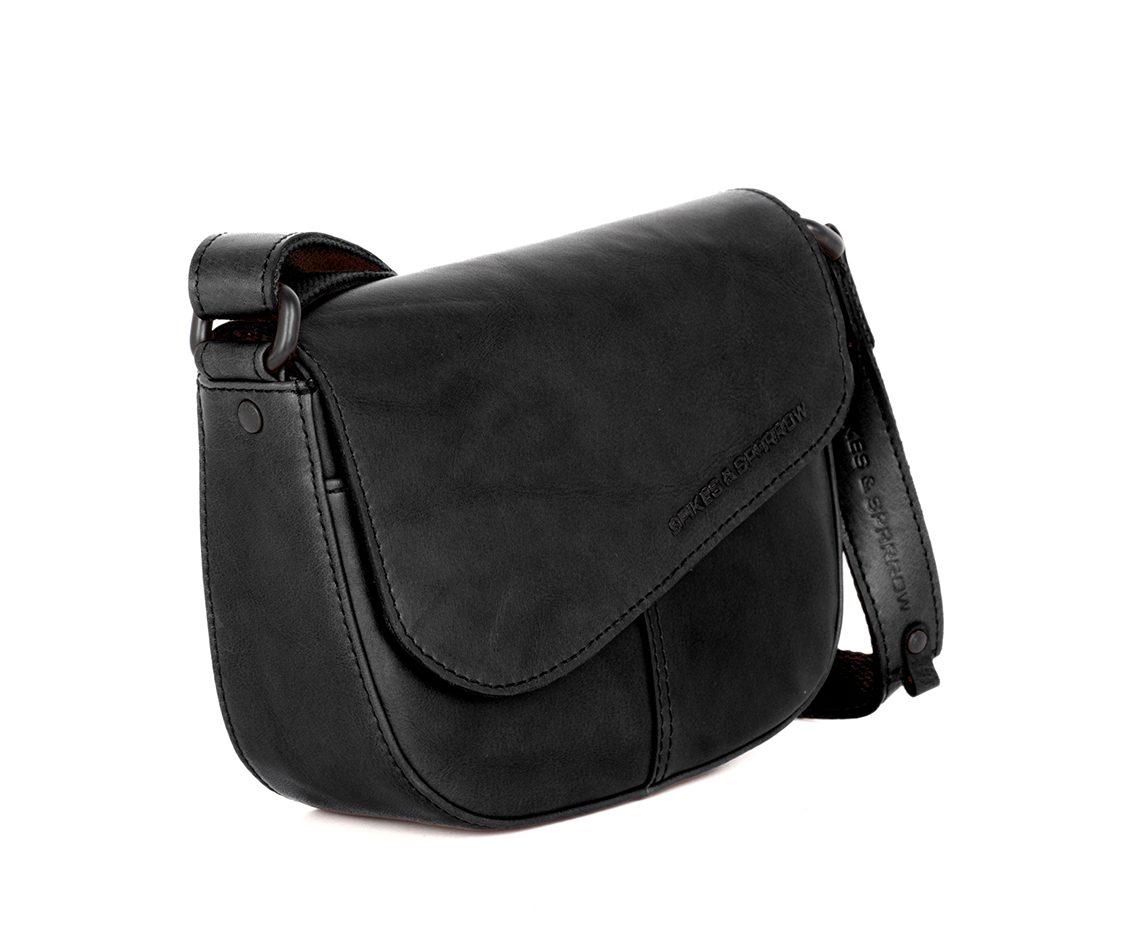 Leather Crossbody bag with flap - Genya - Black