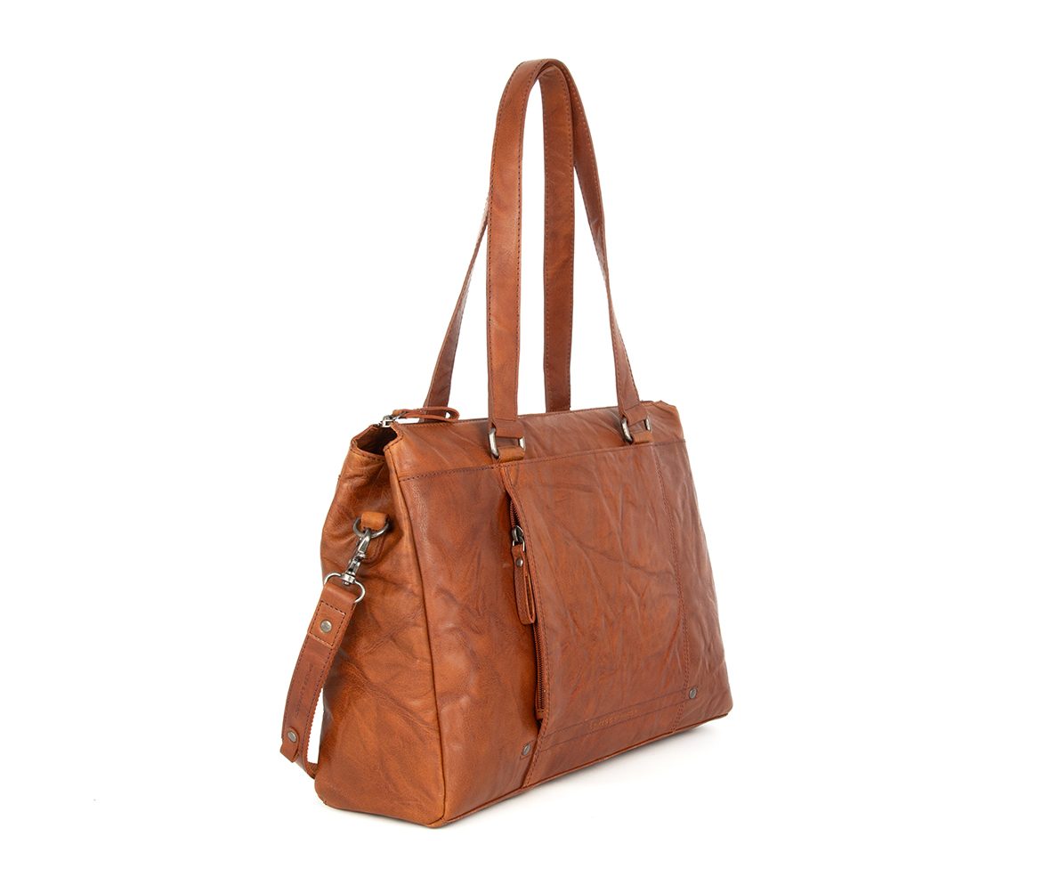 Leather Laptop Shoulder Bag - 15.6 inch - Maureen - Brandy Cognac
