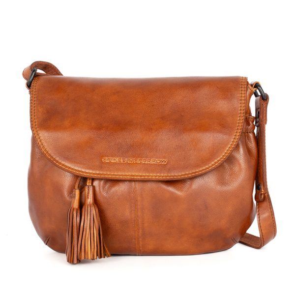 Vooraanzicht Leren Crossbodytas met klep – Feline – Brandy Cognac