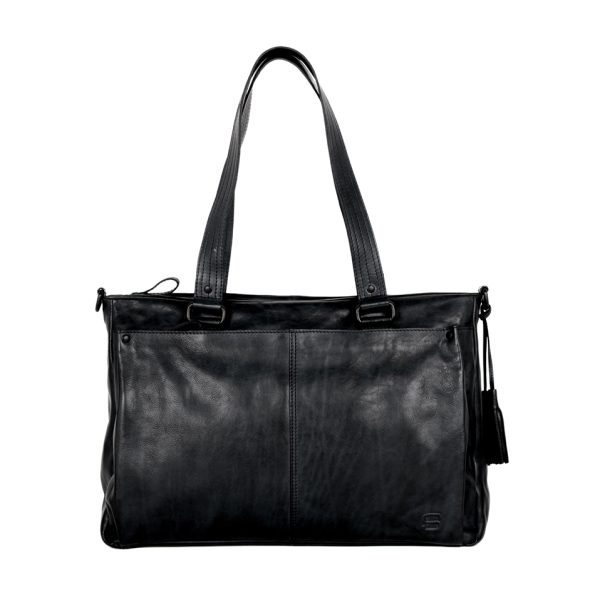 Vooraanzicht Leren Laptop Schoudertas – Chrissey – Zwart