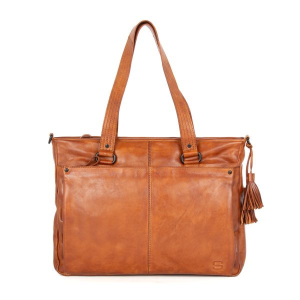 Vooraanzicht Leren Laptop Schoudertas – Chrissey – Brandy Cognac