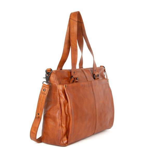 Zijaanzicht Leren Laptop Schoudertas – Chrissey – Brandy Cognac