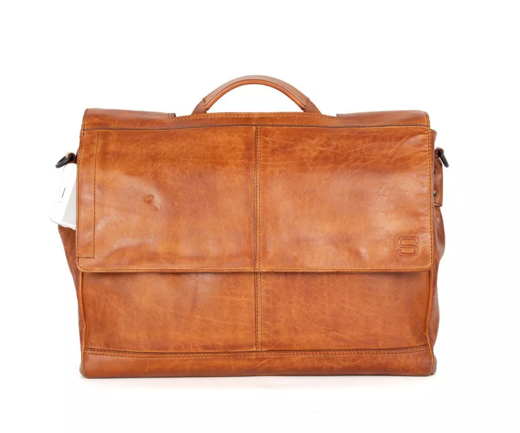 Vooraanzicht leren - laptoptas - Brandy Cognac - Benzo