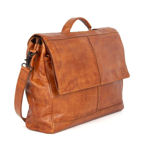 Zijaanzicht leren - laptoptas - Brandy Cognac - Benzo