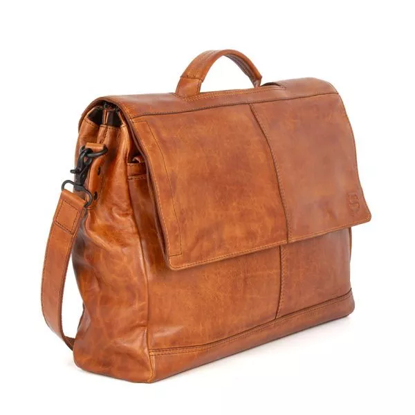 Zijaanzicht leren - laptoptas - Brandy Cognac - Benzo