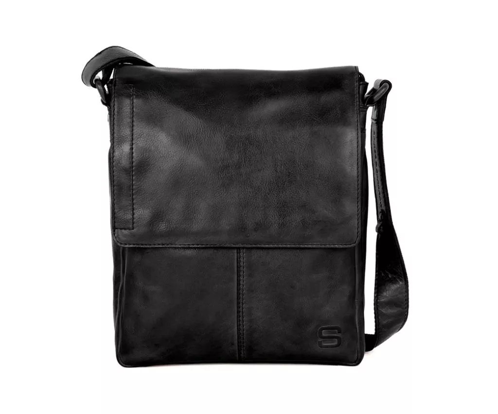 Vooraanzicht leren crossbodytas met klep - Stan - Zwart