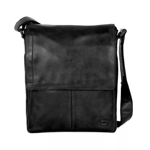 Vooraanzicht leren crossbodytas met klep - Stan - Zwart