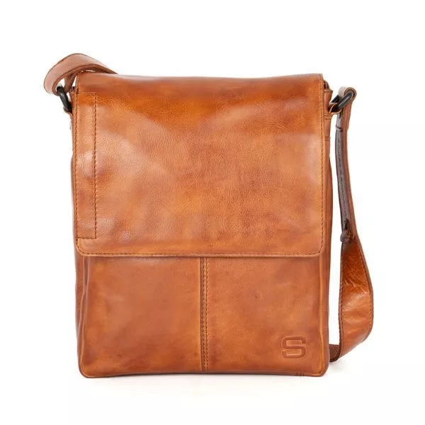 Vooraanzicht leren schoudertas met klep - Stan - Brandy