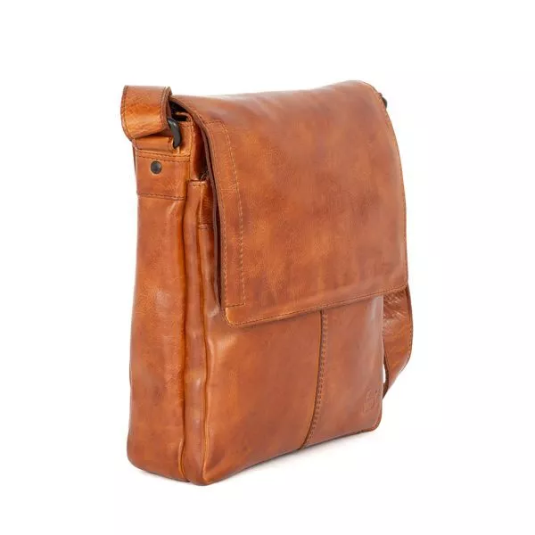 Zijaanzicht leren schoudertas met klep - Stan - Brandy