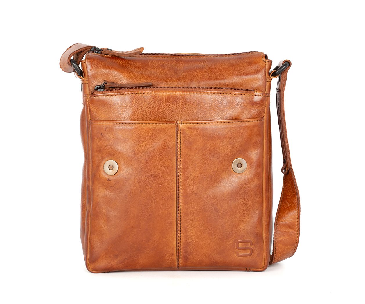Leather Crossbody bag with flap - Stan - Brandy