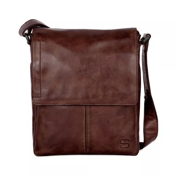 Vooraanzicht leren schoudertas met klep - Stan - donkerbruin