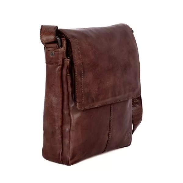 Zijaanzicht leren schoudertas met klep - Stan - donkerbruin